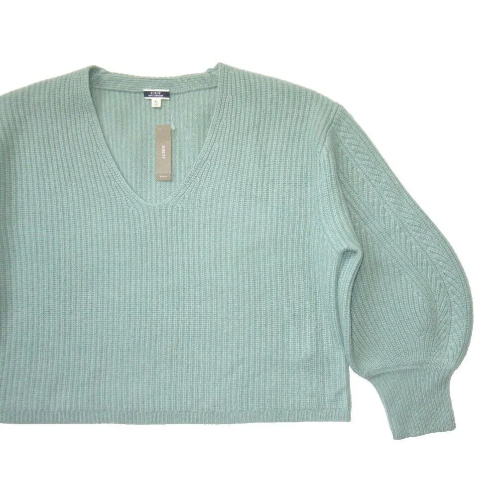 NWT J.Crew Cashmere Balloon-sleeve V-neck Sweater in Dusty Mint XL $228